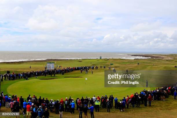 General view of the 17th hole during the final round of the Senior Open Championship at Royal Porthcawl Golf Club on July 30, 2017 in Bridgend, Wales.