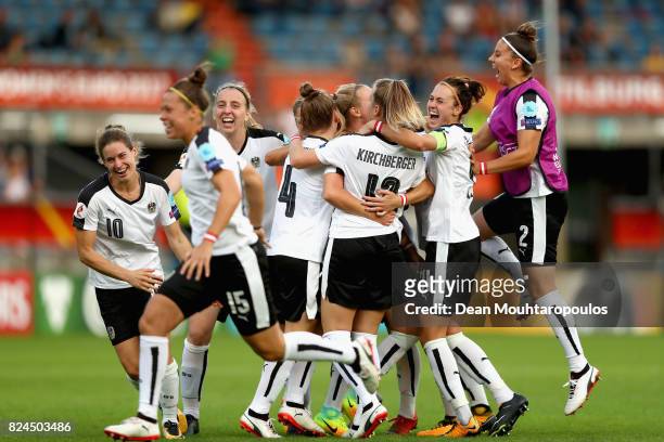 The of Austria team celebrate victory after a peanlty shoot out after the UEFA Women's Euro 2017 Quarter Final match between Austria and Spain at...