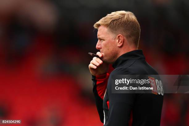 Eddie Howe, manager of AFC Bournemouth looks on from the touchline during the pre-season friendly match between AFC Bournemouth and Valencia CF at...