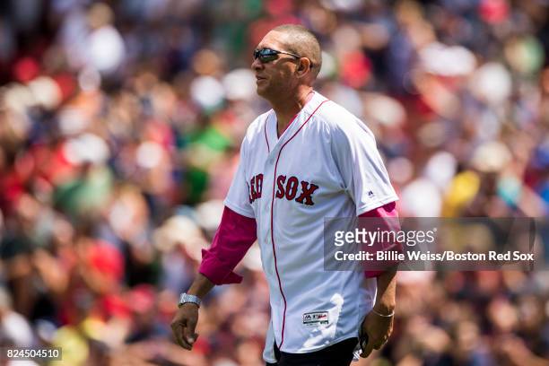 Former Boston Red Sox player Julian Tavarez is introduced during a 2007 World Series Champion team reunion before a game against the Kansas City...