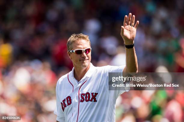 Former Boston Red Sox player Mike Timlin is introduced during a 2007 World Series Champion team reunion before a game against the Kansas City Royals...