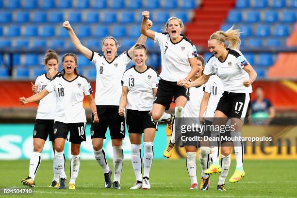 The of Austria team celebrate Spain missing a penalty in the penalty shoot out during the UEFA Women's Euro 2017 Quarter Final match between Austria...