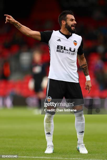 Alvaro Negredo of Valencia CF signals to his team-mates during the pre-season friendly match between AFC Bournemouth and Valencia CF at Vitality...