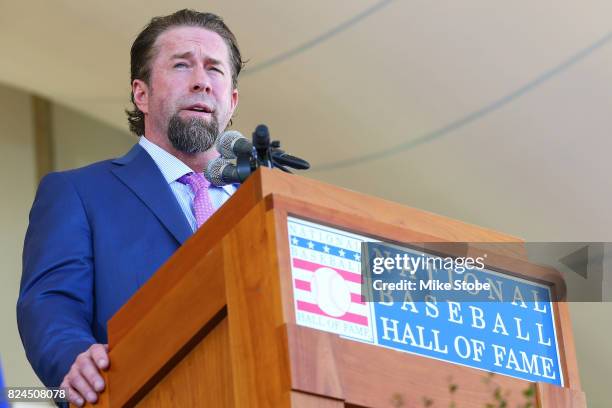 Jeff Bagwell gives his induction speech at Clark Sports Center during the Baseball Hall of Fame induction ceremony on July 30, 2017 in Cooperstown,...