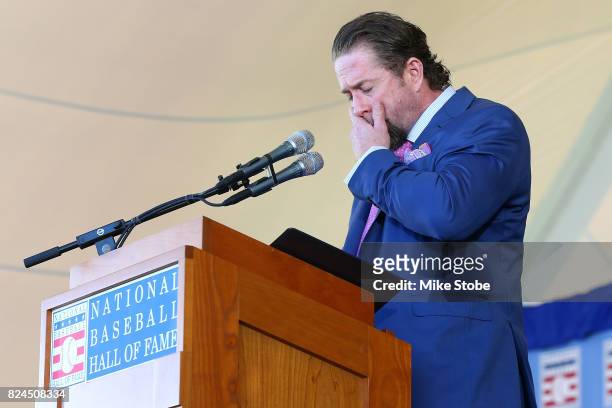 Jeff Bagwell gives his induction speech at Clark Sports Center during the Baseball Hall of Fame induction ceremony on July 30, 2017 in Cooperstown,...