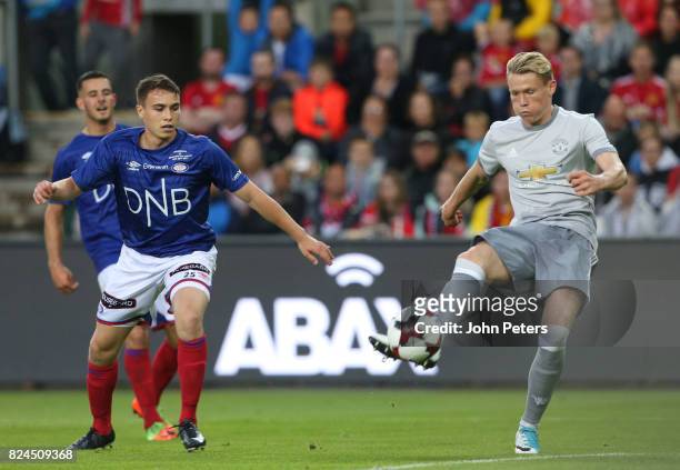 Scott McTominay of Manchester United scores the third goal during the pre-season friendly match between Valerenga and Manchester United at Ullevaal...