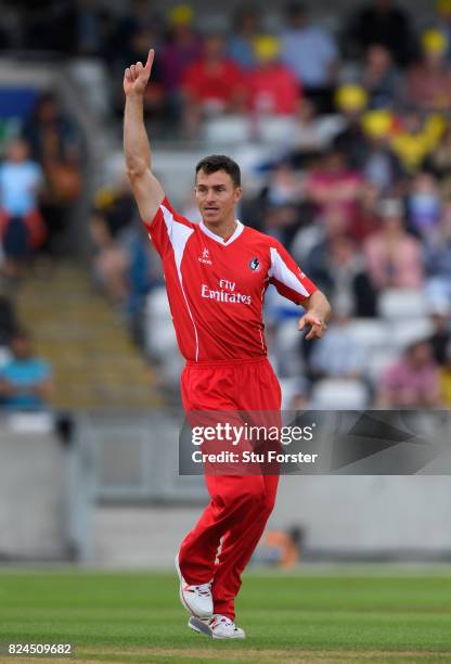 Lancashire bowler Ryan McLaren celebrates a wicket during the Natwest T20 Blast match between Birmingham Bears and Lancashire Lightning at Edgbaston...