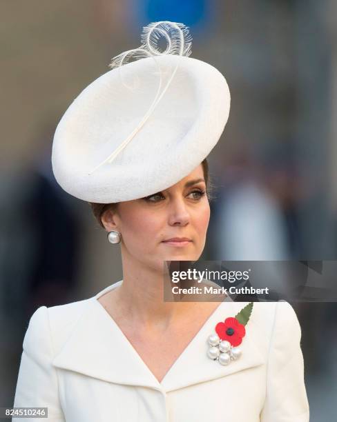 Catherine, Duchess of Cambridge attends the Last Post ceremony at the Commonwealth War Graves Commission Ypres Memorial on July 30, 2017 in Ypres,...