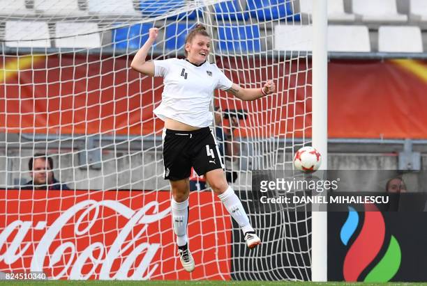 Viktoria Pinther of Austria celebrates a penalty goal during the UEFA Womens Euro 2017 quarter-final football match between Austria and Spain at the...