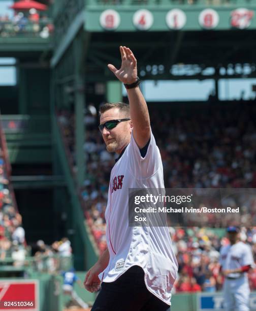 Former Boston Red Sox outfielder J.D. Drew is introduced during a ceremony recognizing the ten year anniversary of the 2007 World Series champions on...