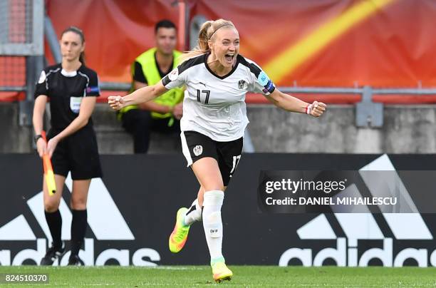 Sarah Puntigam of Austria celebrates a penalty goal during the UEFA Womens Euro 2017 quarter-final football match between Austria and Spain at the...