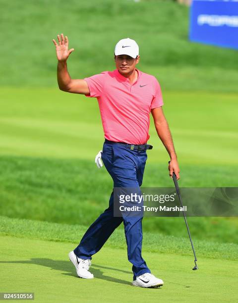 Julian Suri of the United States walks on to the 18th green during the Porsche European Open - Day Four at Green Eagle Golf Course on July 30, 2017...