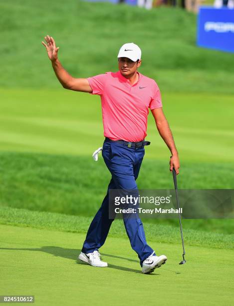 Julian Suri of the United States walks on to the 18th green during the Porsche European Open - Day Four at Green Eagle Golf Course on July 30, 2017...