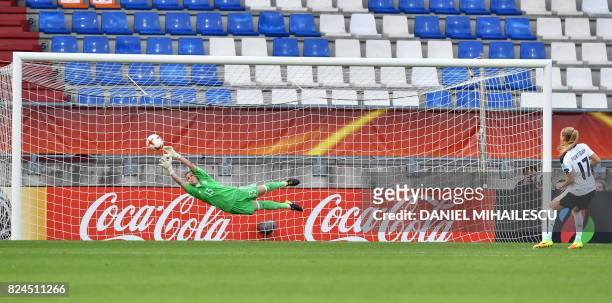 Sarah Puntigam of Austria scores a winning penalty goal during the UEFA Womens Euro 2017 quarter-final football match between Austria and Spain at...
