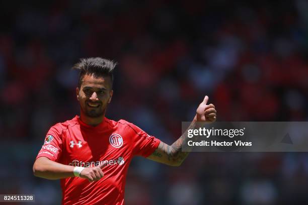 Rodrigo Gomez of Toluca gestures during the 2nd round match between Toluca and Leon as part of the Torneo Apertura 2017 Liga MX at Nemesio Diez...