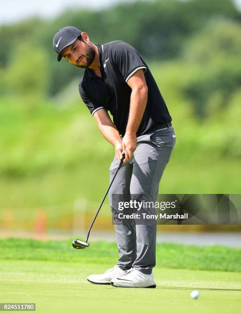 Alexander Levy of France putts on the 11th green during the Porsche European Open - Day Four at Green Eagle Golf Course on July 30, 2017 in Hamburg,...