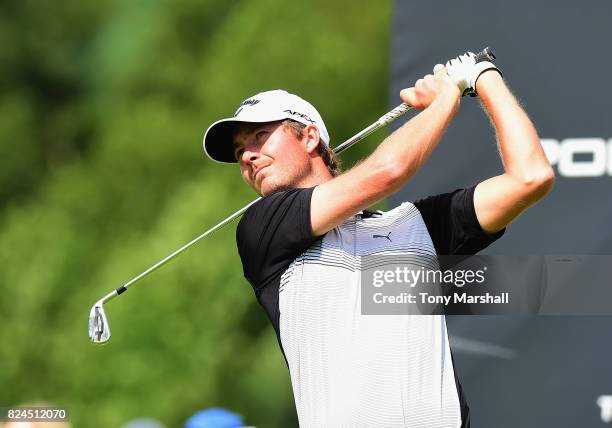 Jens Fahrbring of Sweden plays his first shot on the 2nd tee during the Porsche European Open - Day Four at Green Eagle Golf Course on July 30, 2017...