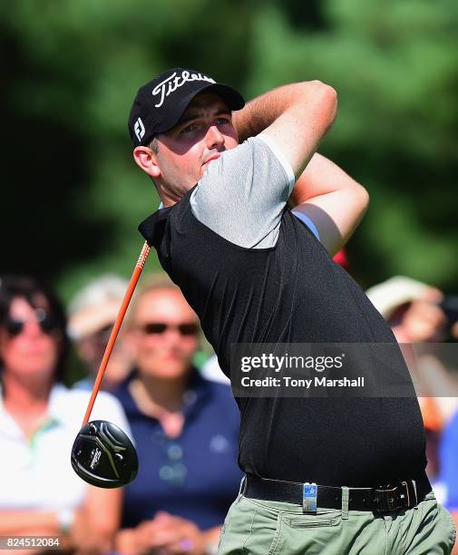 Ryan McCarthy of Australia plays his first shot on the 1st tee during the Porsche European Open - Day Four at Green Eagle Golf Course on July 30,...