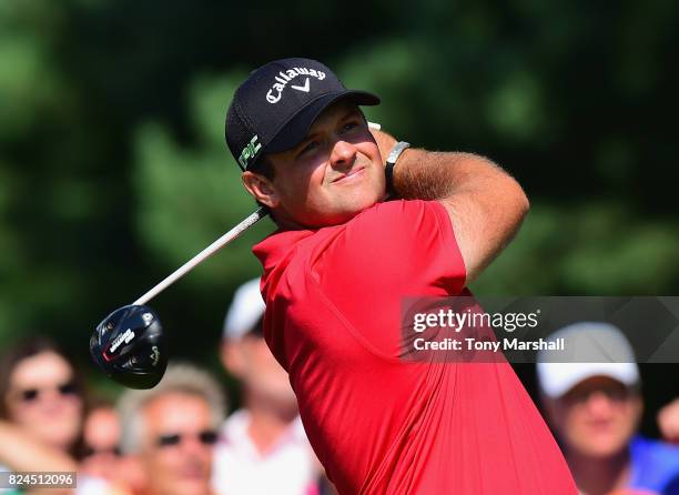 Patrick Reed of the United States plays his first shot on the 1st tee during the Porsche European Open - Day Four at Green Eagle Golf Course on July...