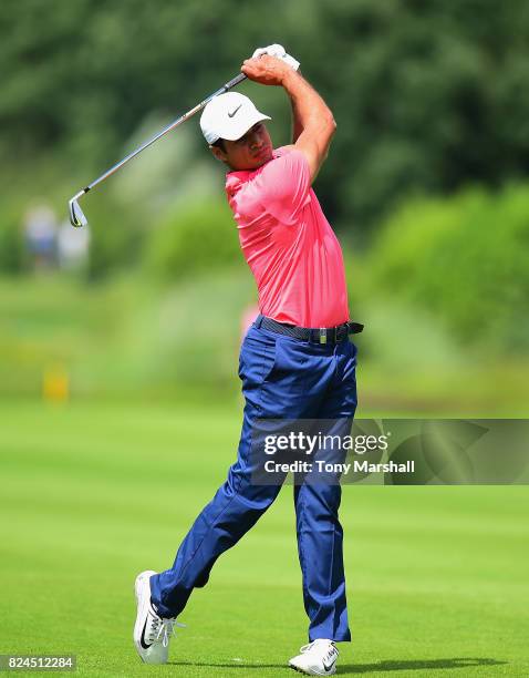 Julian Suri of the United States plays his second shot on the 9th fairway during the Porsche European Open - Day Four at Green Eagle Golf Course on...