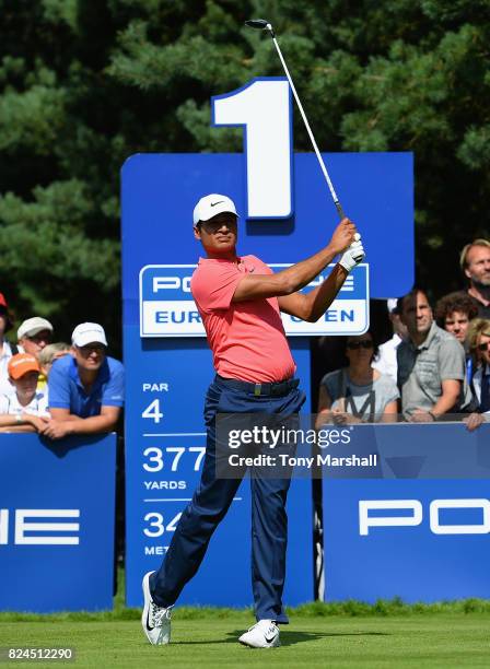 Julian Suri of the United States plays his first shot on the 1st tee during the Porsche European Open - Day Four at Green Eagle Golf Course on July...