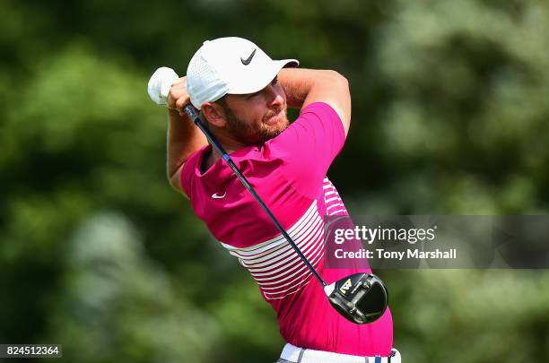 Jordan Smith of England plays his first shot on the 13th tee during the Porsche European Open - Day Four at Green Eagle Golf Course on July 30, 2017...