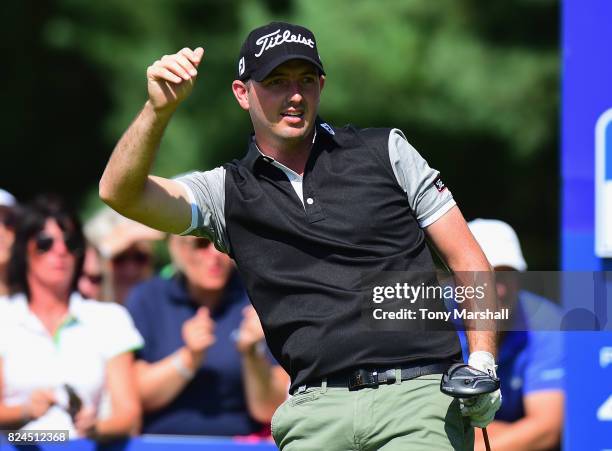 Ryan McCarthy of Australia watches his first shot on the 1st tee during the Porsche European Open - Day Four at Green Eagle Golf Course on July 30,...