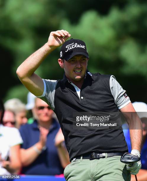 Ryan McCarthy of Australia watches his first shot on the 1st tee during the Porsche European Open - Day Four at Green Eagle Golf Course on July 30,...