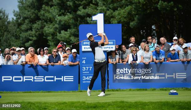 Jens Fahrbring of Sweden plays his first shot on the 1st tee during the Porsche European Open - Day Four at Green Eagle Golf Course on July 30, 2017...