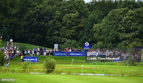 Jordan Smith of England plays his first shot on the 9th tee during the Porsche European Open - Day Four at Green Eagle Golf Course on July 30, 2017...