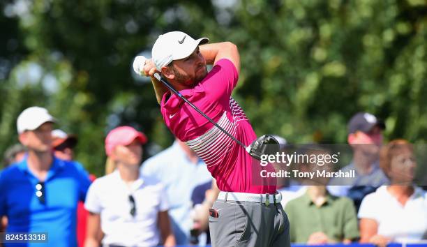 Jordan Smith of England plays his first shot on the 12th tee during the Porsche European Open - Day Four at Green Eagle Golf Course on July 30, 2017...