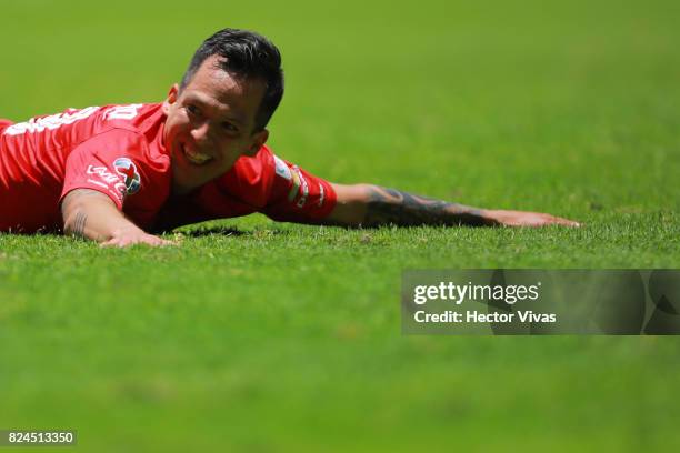 Rodrigo Salinas of Toluca gestures during the 2nd round match between Toluca and Leon as part of the Torneo Apertura 2017 Liga MX at Nemesio Diez...