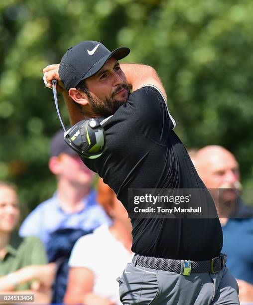 Alexander Levy of France plays his first shot on the 12th tee during the Porsche European Open - Day Four at Green Eagle Golf Course on July 30, 2017...