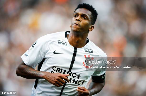Jo of Corinthians celebrates their first goal during the match between Corinthians and Flamengo for the Brasileirao Series A 2017 at Arena...