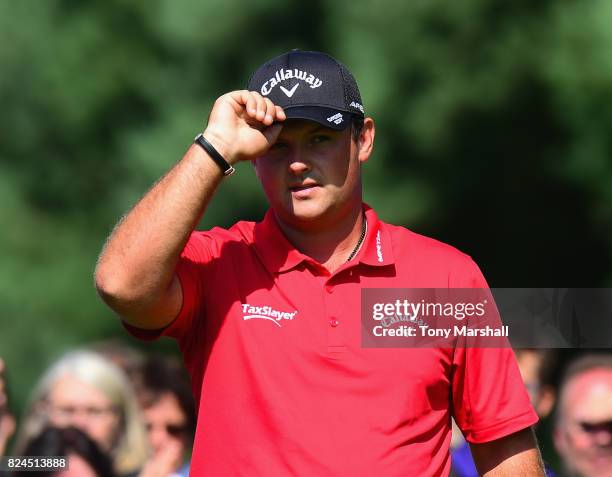 Patrick Reed of the United States acknowledges the applause of the crowd on the 1st tee during the Porsche European Open - Day Four at Green Eagle...