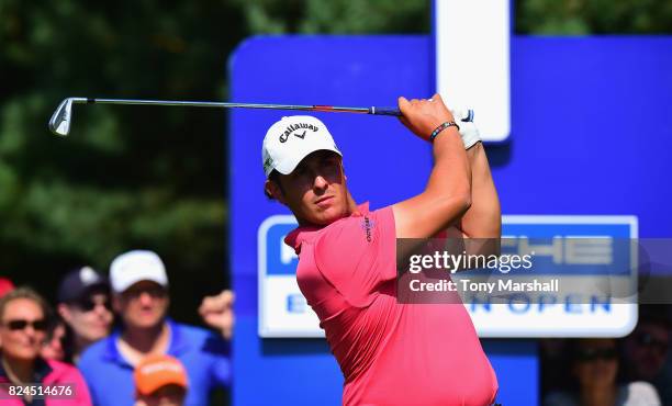 Luca Cianchetti of Italy plays his first shot on the 1st tee during the Porsche European Open - Day Four at Green Eagle Golf Course on July 30, 2017...