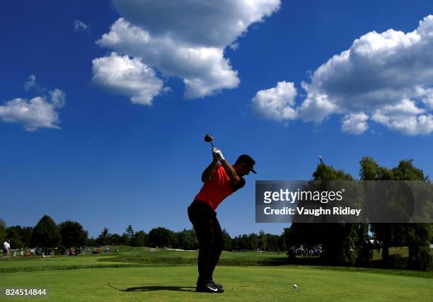 Kevin Chappell of the United States plays his shot from the eighth tee during the final round of the RBC Canadian Open at Glen Abbey Golf Club on...