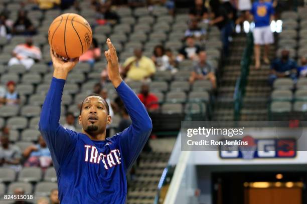 Dominic McGuire of Tri-State warms up before week six of the BIG3 three on three basketball league at American Airlines Center on July 30, 2017 in...