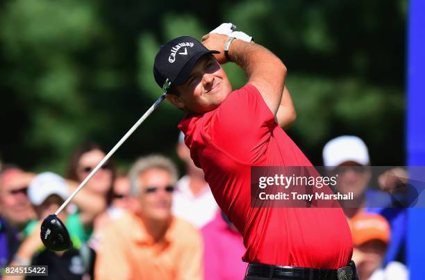 Patrick Reed of the United States plays his first shot on the 1st tee during the Porsche European Open - Day Four at Green Eagle Golf Course on July...