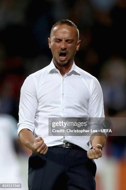 Mark Sampson, head coach of England celebrates his sides first goal during the UEFA Women's Euro 2017 Quarter Final match between France and England...