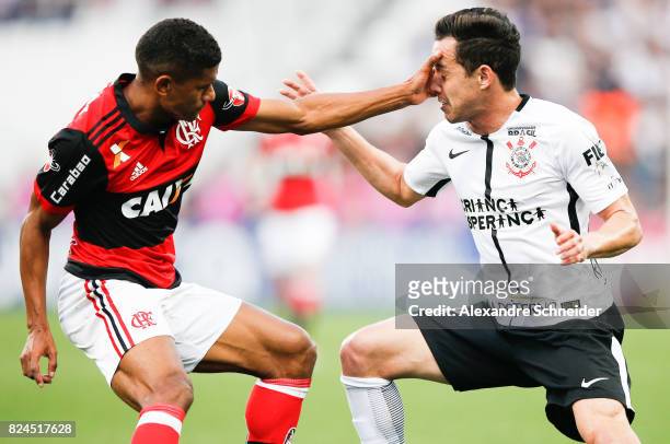 Marcio Araujo of Flamengo and Rodriguinho of Corinthians in action during the match between Corinthians and Flamengo for the Brasileirao Series A...