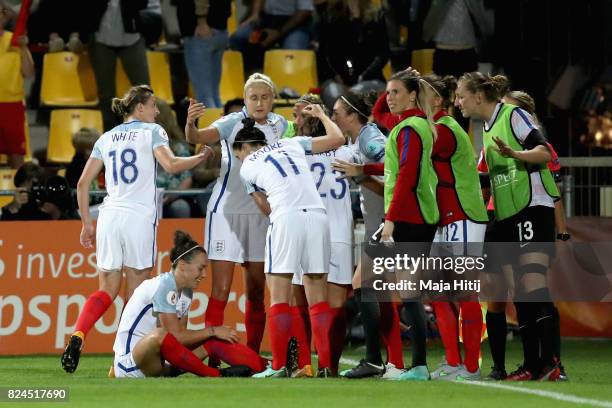 Jodie Taylor of England celebrates scoring her sides first goal with her England team mates during the UEFA Women's Euro 2017 Quarter Final match...