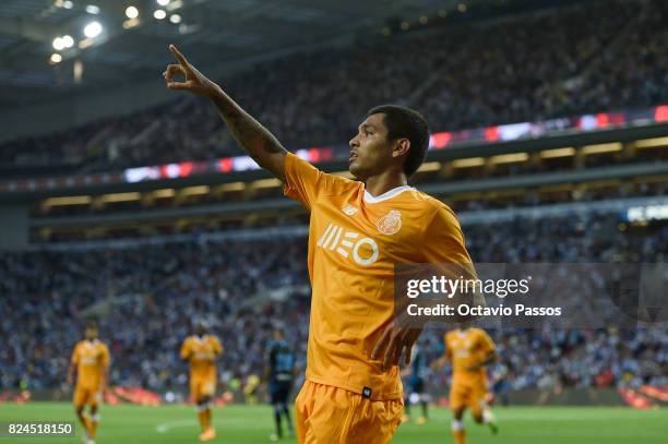 Corona of FC Porto celebrates after scores the third goal during the Pre-Season Friendly match between FC Porto and RC Deportivo La Coruna at Estadio...