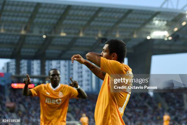 Corona of FC Porto celebrates after scores the third goal during the Pre-Season Friendly match between FC Porto and RC Deportivo La Coruna at Estadio...