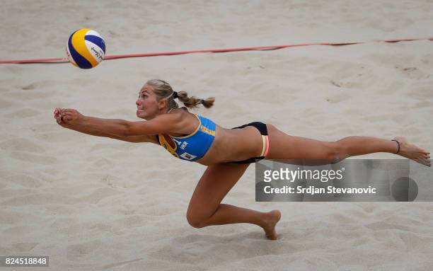 Valentyna Davidova of Ukraine try to save the ball during the Women's Pool E Main draw match between Ukraine and Austria on July 30, 2017 in Vienna,...