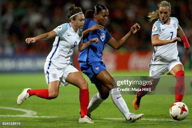 Jodie Taylor of England and Marie-Laure Delie of France battle for possession during the UEFA Women's Euro 2017 Quarter Final match between France...