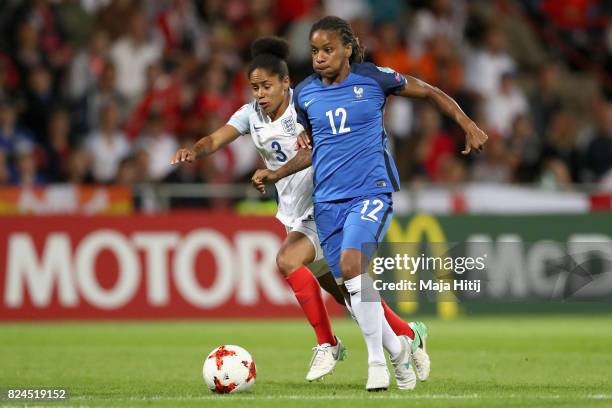 Demi Stokes of England and Elodie Thomis of France battle for possession during the UEFA Women's Euro 2017 Quarter Final match between France and...