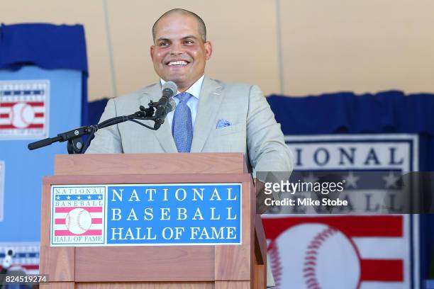 Ivan Rodriguez gives his induction speech at Clark Sports Center during the Baseball Hall of Fame induction ceremony on July 30, 2017 in Cooperstown,...