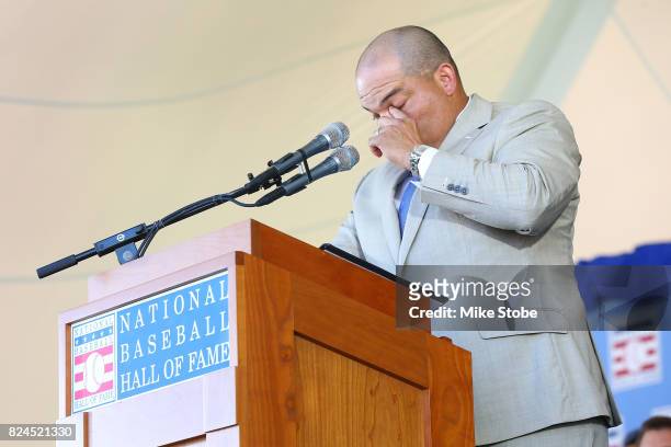 Ivan Rodriguez gives his induction speech at Clark Sports Center during the Baseball Hall of Fame induction ceremony on July 30, 2017 in Cooperstown,...