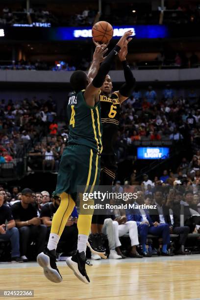 Mo Evans of the Killer 3s attempts a shot while being guarded by Derrick Byars of the Ball Hogs during week six of the BIG3 three on three basketball...